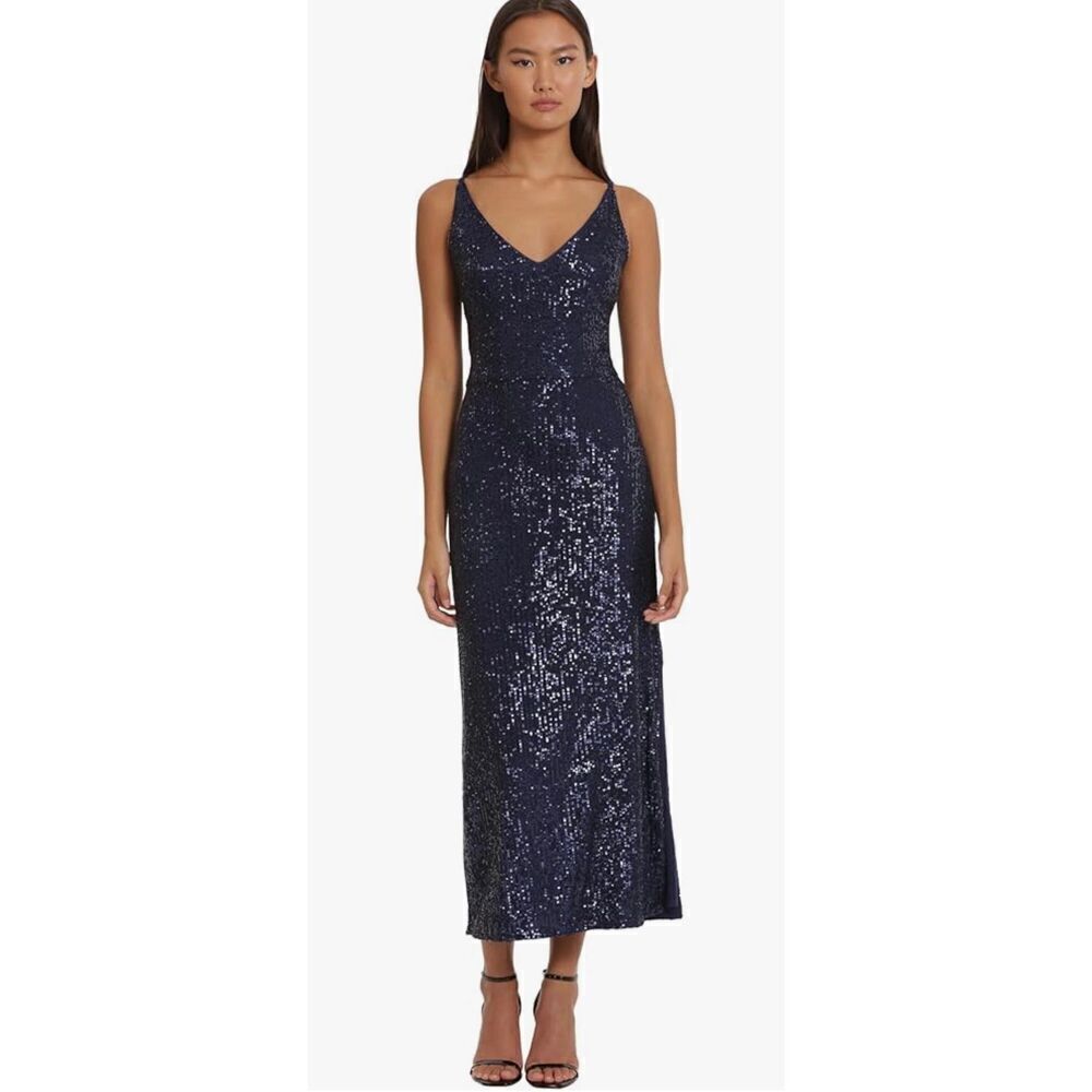 Donna Morgan Women's Sequin V-Neck Spaghetti Strap Midi Dress with High Slit